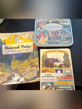 National Parks Vintage Sticker Tin & Notebook Set - Blue, Yellow, Brown